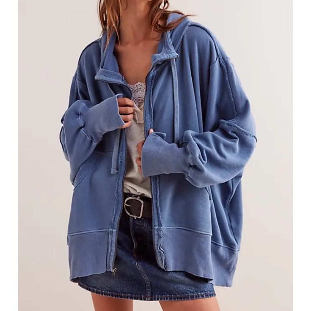Free People Oversized Zip-Up Hoodie in Dusty Blue